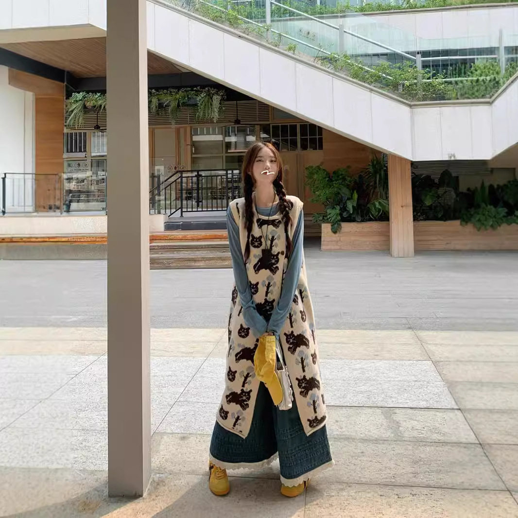 设计感叠穿背心连衣裙打底衫花边阔腿牛仔长裤女2024秋季时尚套装