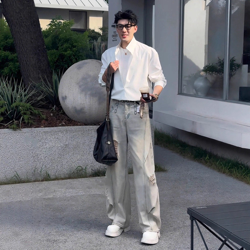 假两件白色防晒衬衫男款夏季小众衬衫