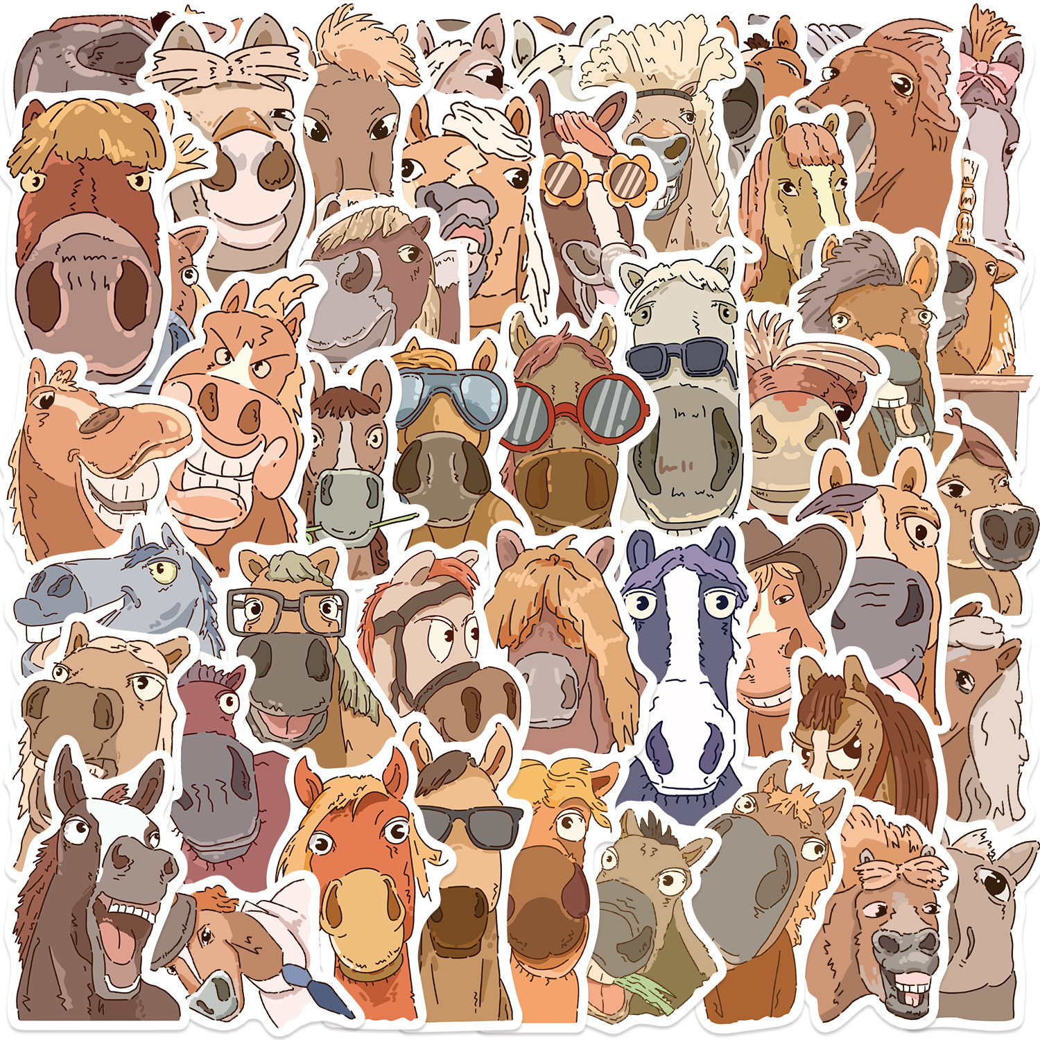 50张卡通马趣味表情合集亮膜贴纸装饰DIY手账本手机文具防水贴画