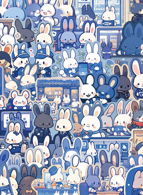 50张卡通蓝色系bunny贴纸装饰冰箱拉杆箱行李箱手机壳防水diy贴画