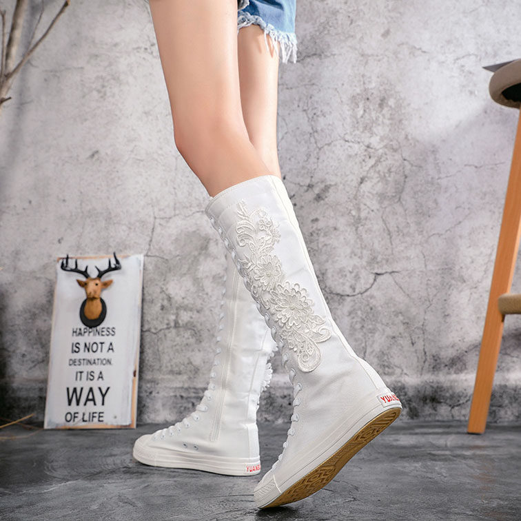 纯白高邦布鞋女春秋高腰拉链板鞋高筒帆布鞋女靴平底高帮长筒球鞋