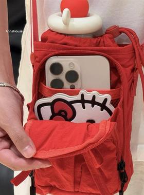 蝴蝶结手机小斜挎包水杯二合一上班通勤迷你运动跑步轻便收纳红色