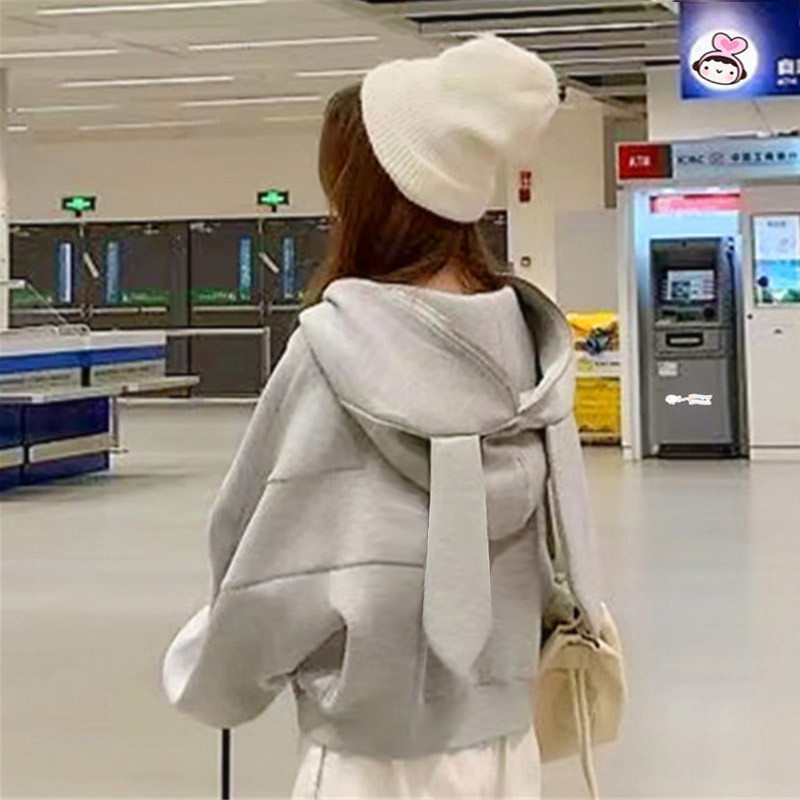 速发兔耳朵灰色卫衣开衫外套小个子短款连帽可妹软爱上衣慵懒风