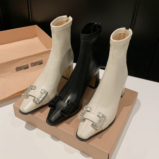 踝靴 弹力瘦瘦靴子粗跟时装 2024新款 千金风水钻方头高跟短靴女冬季