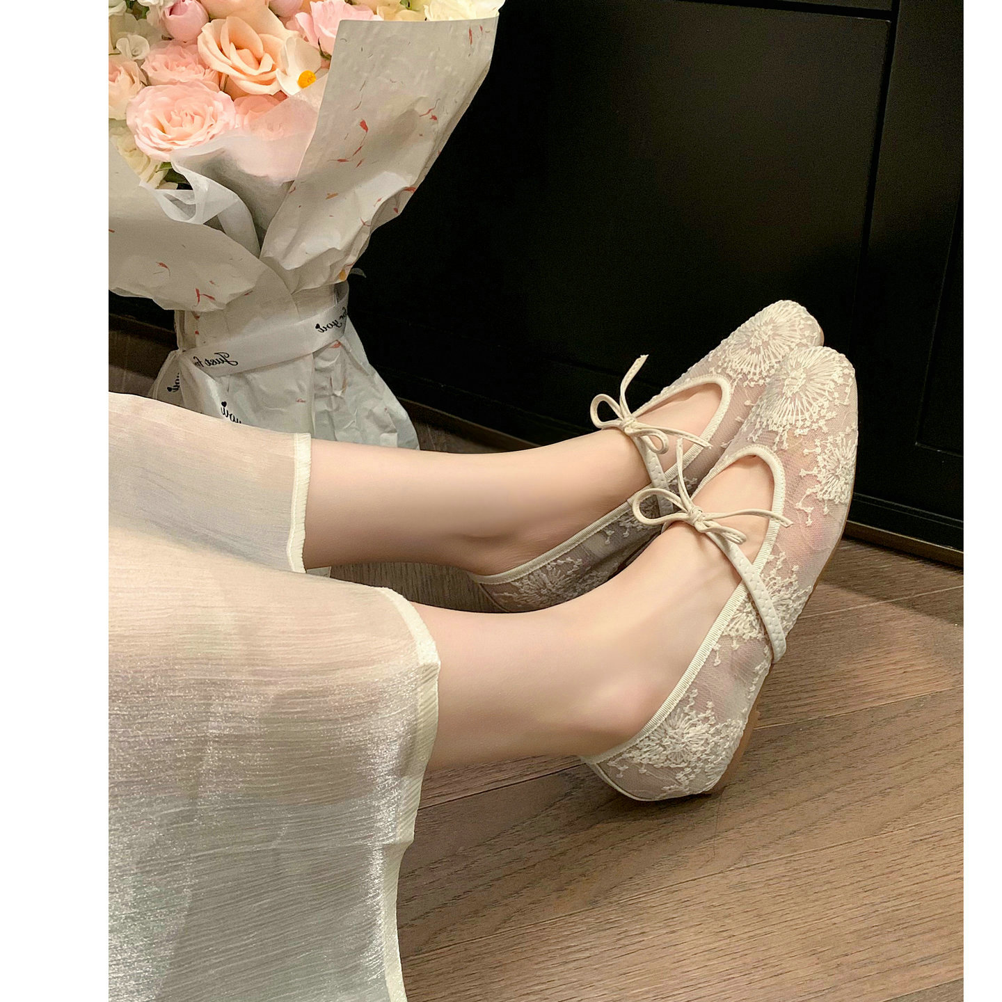 蕾丝网纱蝴蝶结仙女风平底单鞋