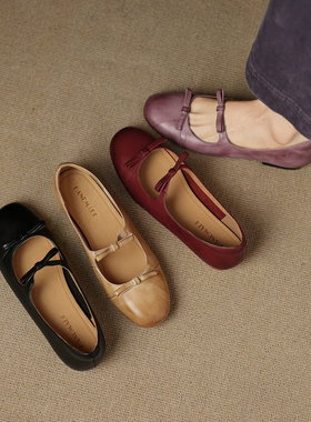 牛皮版复古超软浅口玛丽珍单鞋女2025新款紫色圆头蝴蝶结小皮鞋