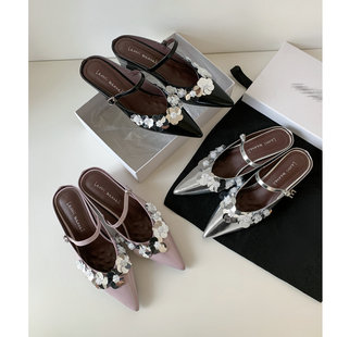 「牧野」内增高包头凉拖鞋女春夏季新款花朵亮片尖头室外穿半拖鞋