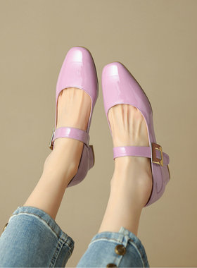 气质玛丽珍女鞋方头粗跟漆皮高跟鞋2024年春夏新款真皮单鞋紫色