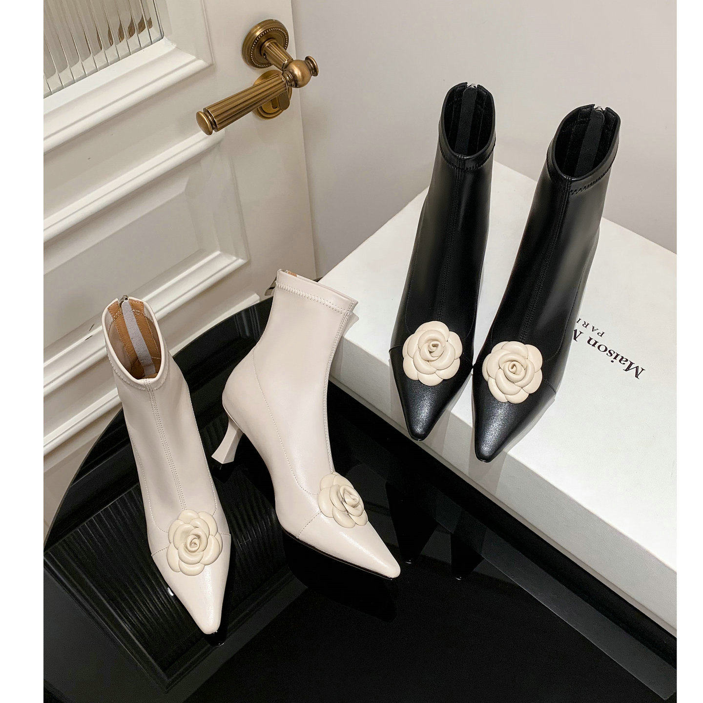 2025年秋冬小香风山茶花尖头高跟弹力瘦瘦靴女细跟短靴通勤靴子,女鞋,弹力靴/袜靴,淘宝优惠券,粉丝福利购,淘宝优惠卷