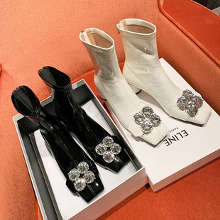 靴白色 时装 法式 方头高跟弹力瘦瘦靴水晶钻粗跟漆皮短靴女秋冬新款