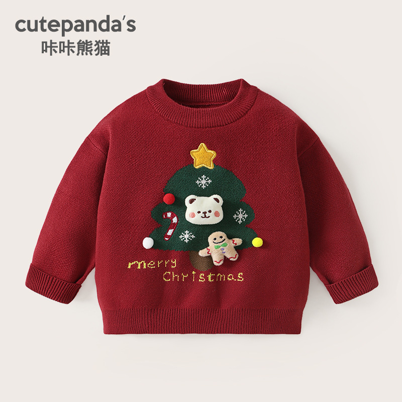咔咔熊猫儿童圣诞套装男童圆领毛衣加绒裤子婴儿宝宝过年保暖衣服