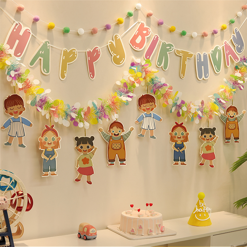 儿童生日派对装饰拉花彩条挂件 男女孩 宝宝周岁场景布置拉旗毛条