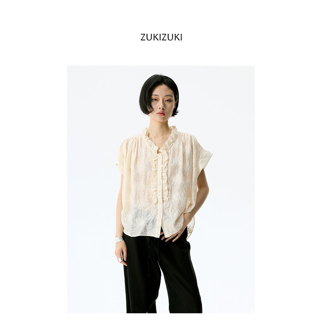 ZUKIZUKI 进口面料天丝亚麻花边短袖衬衣