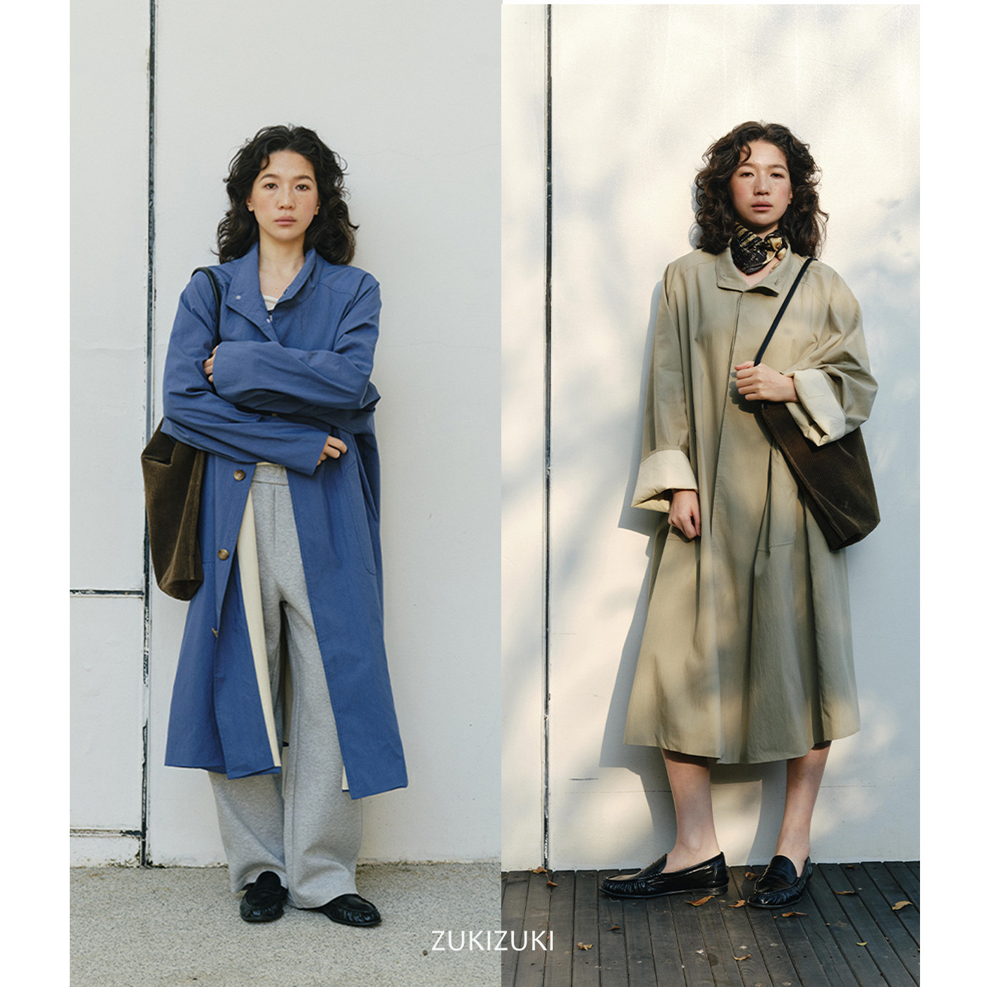 ZUKIZUKI 复古感立领长款风衣外套 蓝色/豆绿