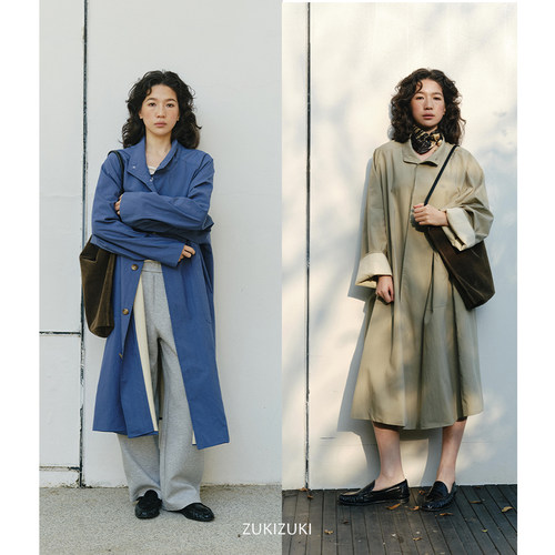 ZUKIZUKI 复古感立领长款风衣外套 蓝色/豆绿