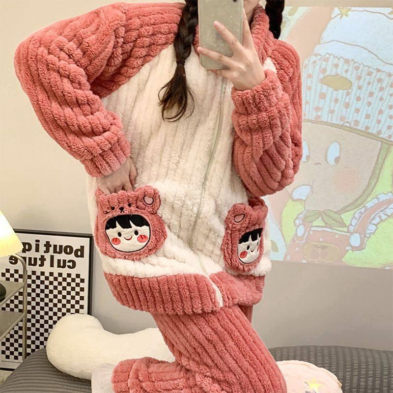 。睡衣冬季女款睡衣瑚瑚绒女秋冬季加厚家居服运动休闲两件套装