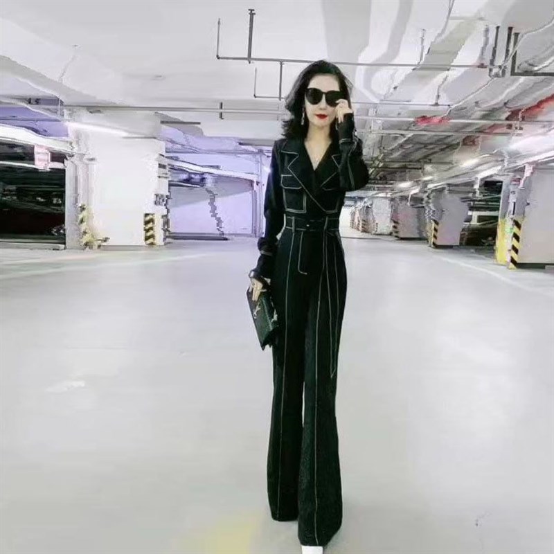 现货速发明线装饰垂感连体裤秋装2025年新款气质高腰阔腿黑色连衣