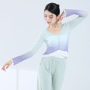 速发古蹈舞渐变练功服假两件显韵气质体形服舞典生日常网纱上衣