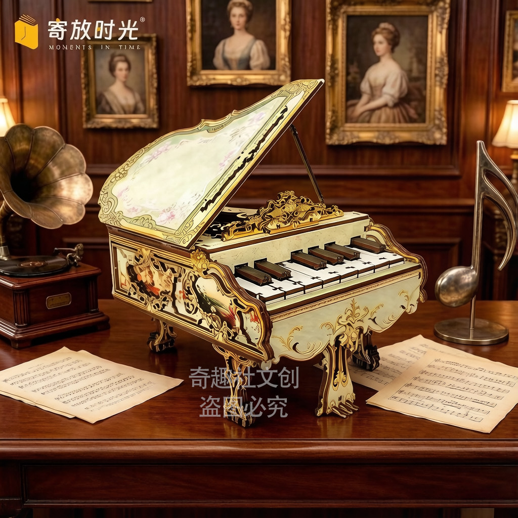 复古风钢琴音乐盒可弹奏木质手工DIY模型益智积木玩具摆件手指琴