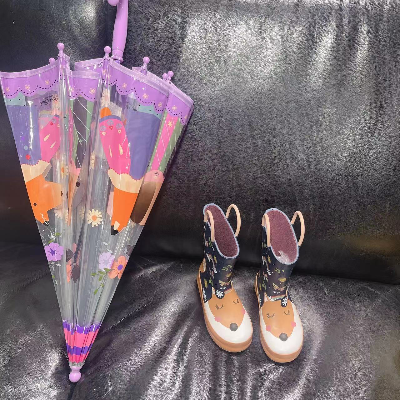 卡通儿童雨鞋花狐狸中筒