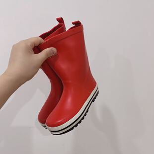 儿童大红色橡胶雨鞋中筒防滑软底舒适透气28-35码中国红雨鞋女童