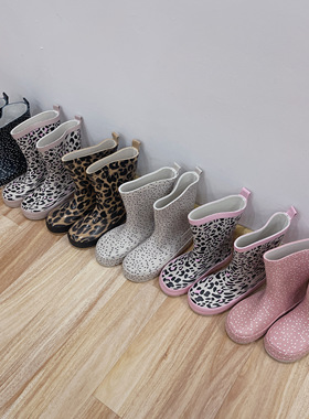 新款豹纹女童外贸橡胶软底防滑中筒雨靴春夏小学生款26-35码瑕疵