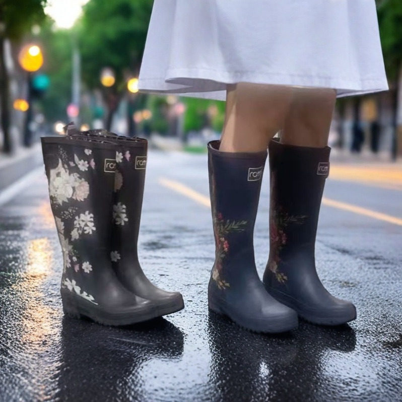 清仓外贸大码高筒雨鞋女士橡胶雨靴长筒印花女生39-40-41 瑕疵款