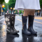 高筒雨鞋 瑕疵款 女士橡胶雨靴长筒印花女生39 清仓外贸大码