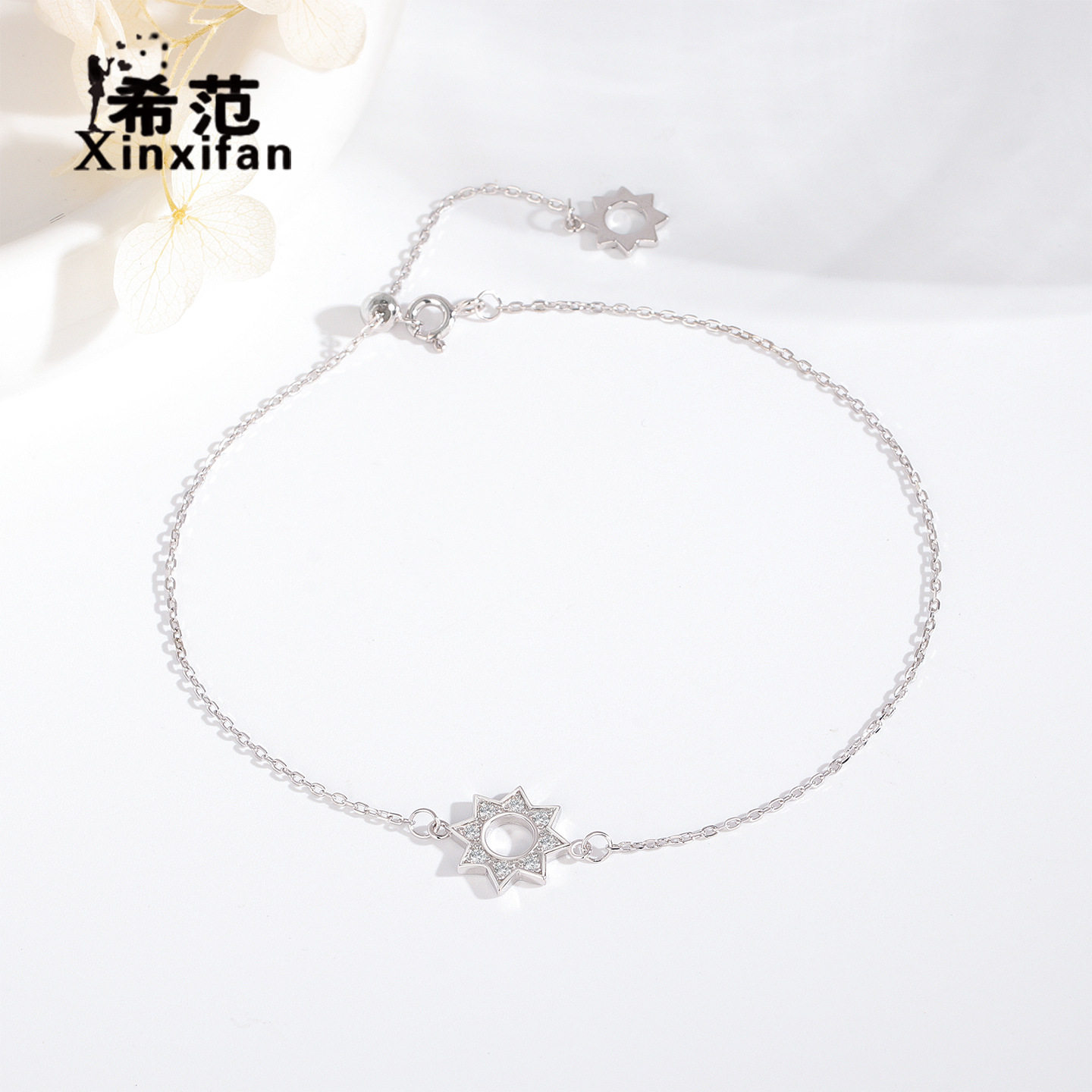 s925纯银八芒星脚链女镶钻秀气精致八角形韩版简约沙滩脚踝配饰