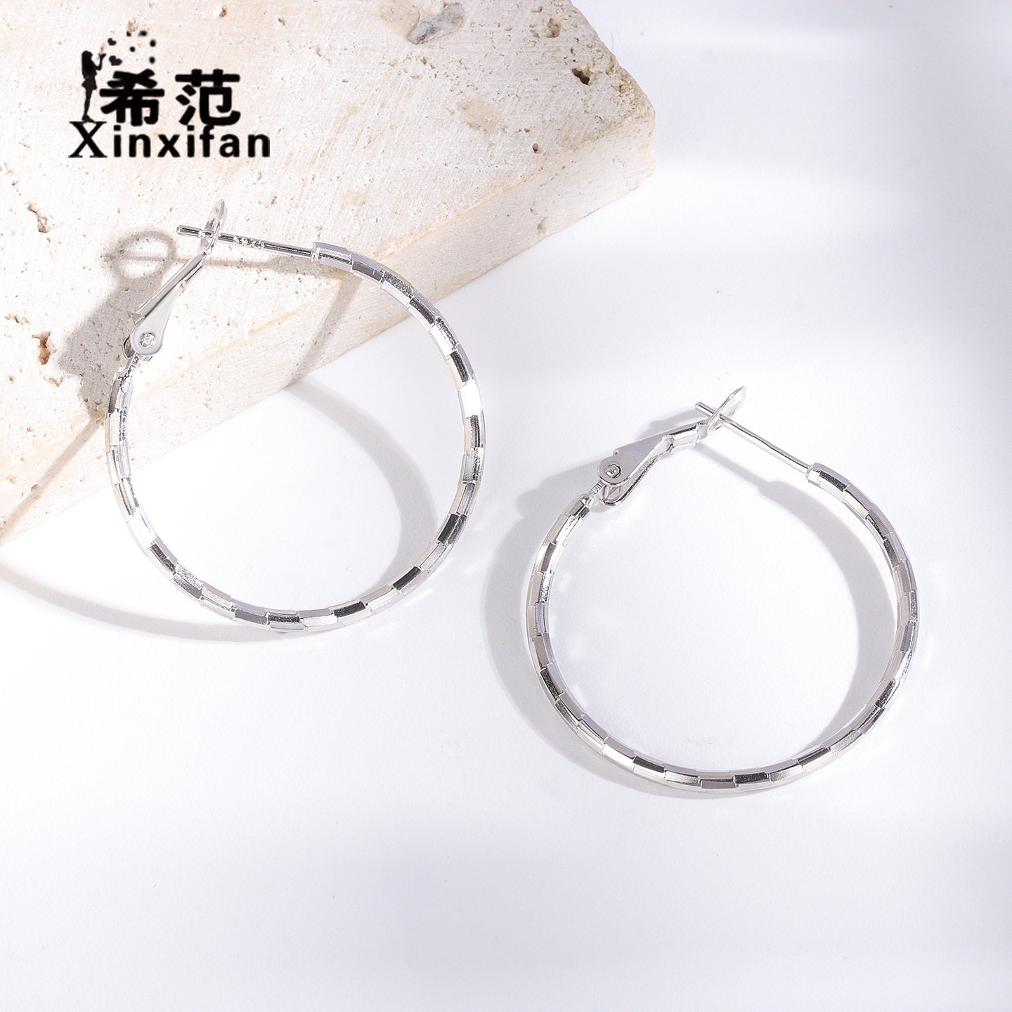 通体s925纯银高级感素圈耳环女夸张大号韩版气质耳圈车花闪闪耳饰