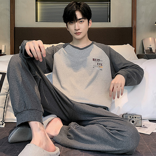 100%纯棉睡衣男士长袖长裤春秋款青年学生休闲加大码可外穿家居服