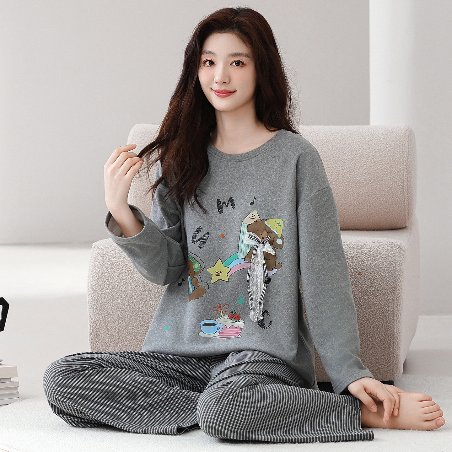 2025秋冬新款羊毛桑蚕丝德绒睡衣女士秋冬款长袖可外穿家居服套装