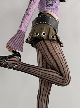 春秋季y2k辣妹镂空连裤袜丝袜网格暗黑色破洞渔网袜