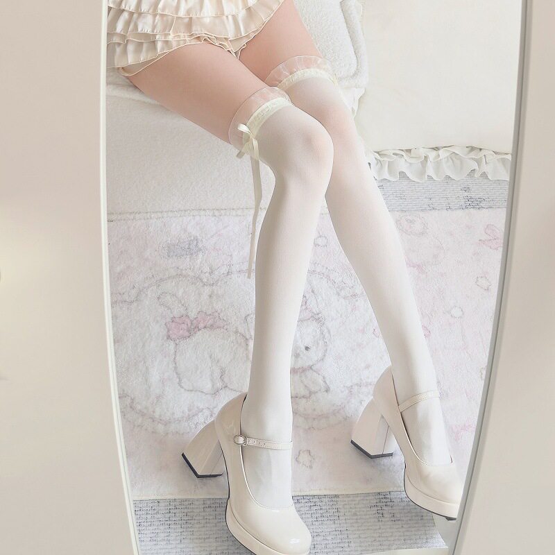 日系甜美感蝴蝶结丝袜 网红新品女纯色过膝袜大腿袜子批发