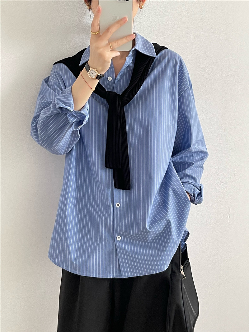 韩版男友风蓝色竖条纹衬衫女春秋叠穿内搭复古休闲长袖宽松衬衣潮