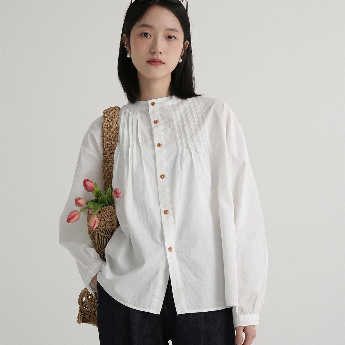 韩版春夏新款压褶复古法式圆领全棉灯笼袖衬衫无领白色内搭衬衫女