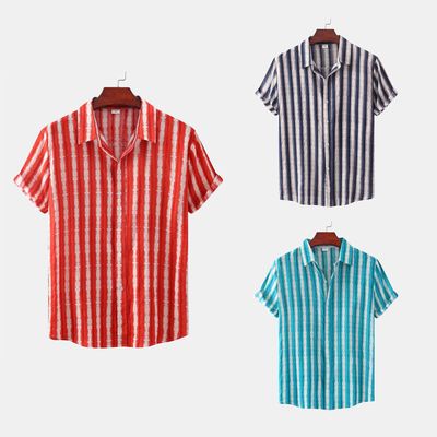 夏季欧码男士条纹短袖衬衫百搭款