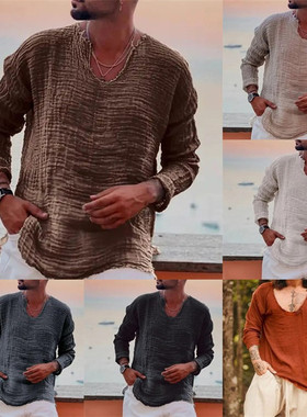 Men's loose V-neck washed water frayed long sleeve shirt衬衫