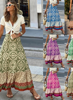 Summer print loose fitting patchwork skirt印花宽松拼接半身裙