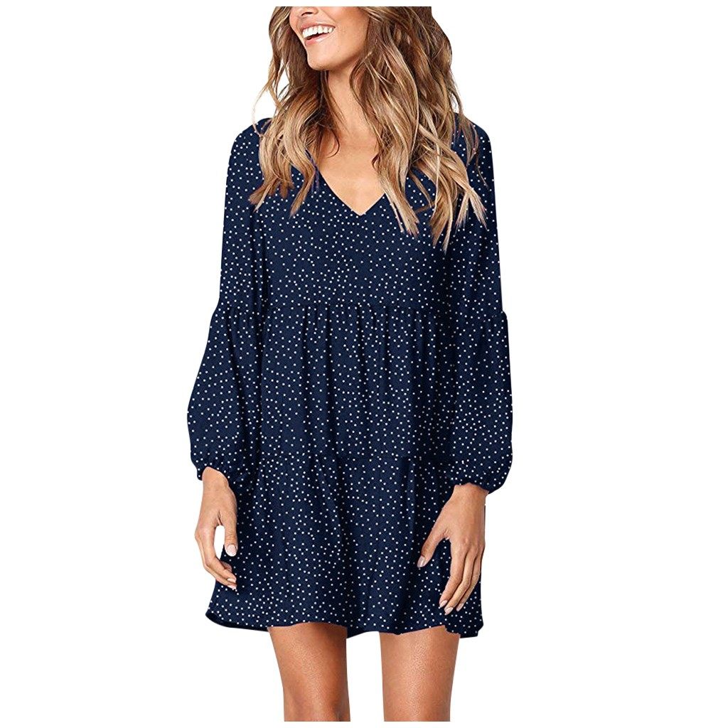 women casual dot v-neckline  long sleeve mini dress