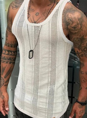 2023夏季新款薄款无袖男士白色网眼镂空运动背心 Men's mesh vest