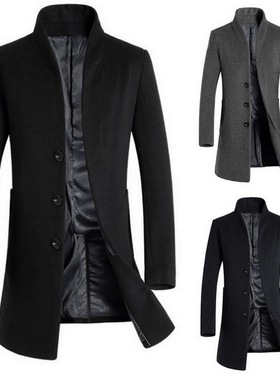 Winter men's long slim-fit woolen coat windbreaker jacket