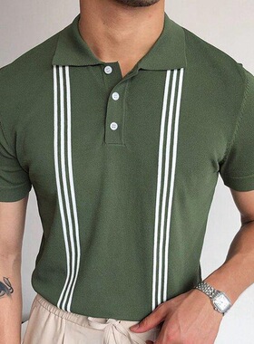 2023夏季新款男士绿色条纹短袖修身针织polo衫Green stripe shirt