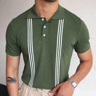 2023夏季新款男士绿色条纹短袖修身针织polo衫Green stripe shirt