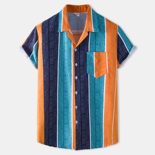 士条纹短袖衬衣Trendy men's striped short sleeve casual shirt