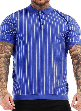 2023春夏新款男装蓝色针织短袖条纹休闲Polo衫Short Sleeve Shirt