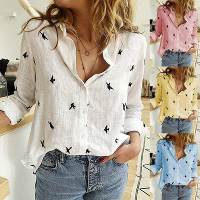 Women's  Plus Size Single Breasted Bird print Spring Shirt