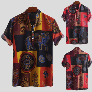 夏季男民族风短袖衬衫Ethnic style short sleeved printed shirt