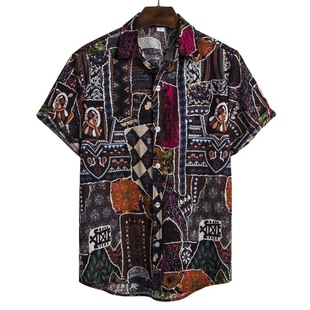 Ethnic style printed men's short sleeved shirt民族风印花短袖