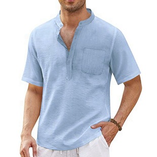 2023夏季新款男士休闲立领纯色套头百搭衬衣Men stand neck shirt